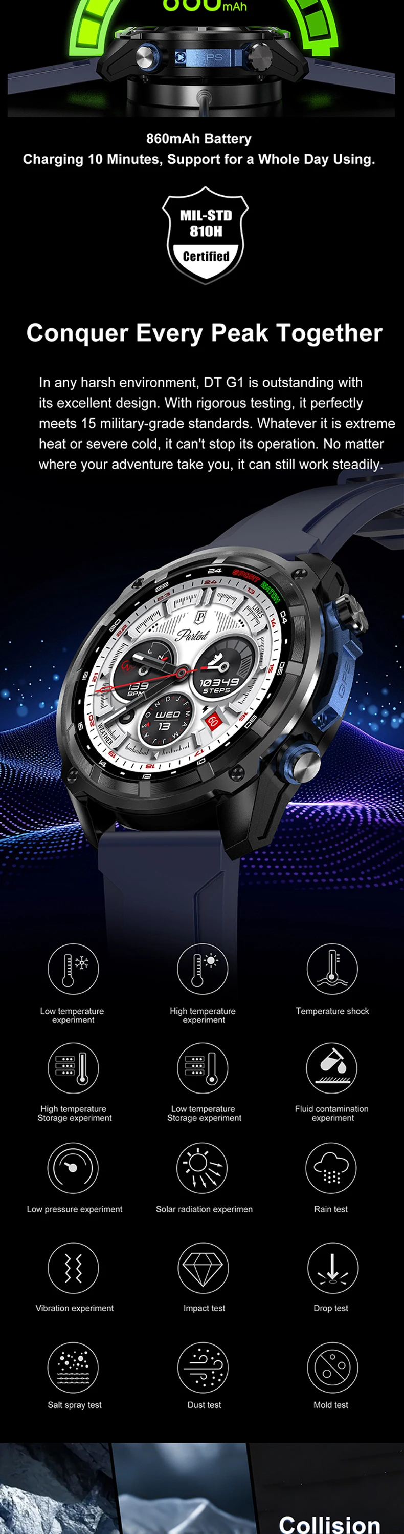 product new offline map gps smart watch dt g1 two straps 143inch amoled screen memory 4gb battery 860mah waterproof 3atm play video-2