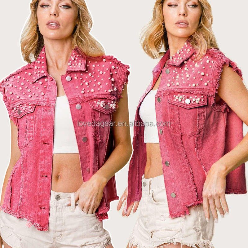 Rose Red  Beading Pearls Distressed Sleeveless Button Up Cropped Jean Jacket Slim Fit Denim Vest For Woman