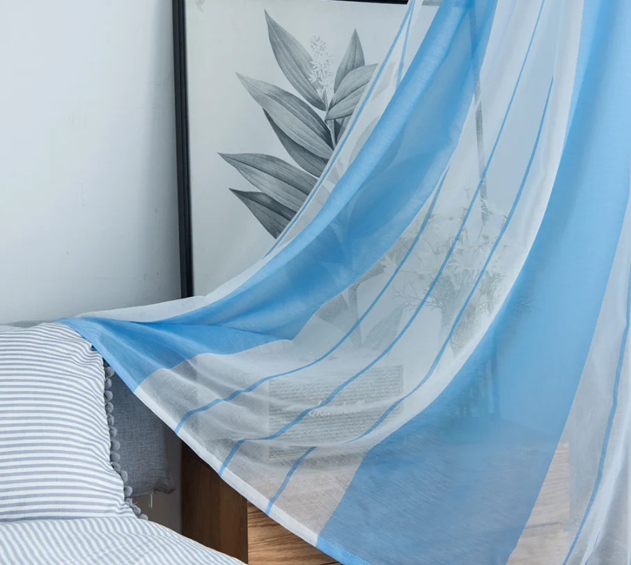 Manufacturer direct sales simple striped sheer window curtain Nordic style ready made voile curtain  for bedroom