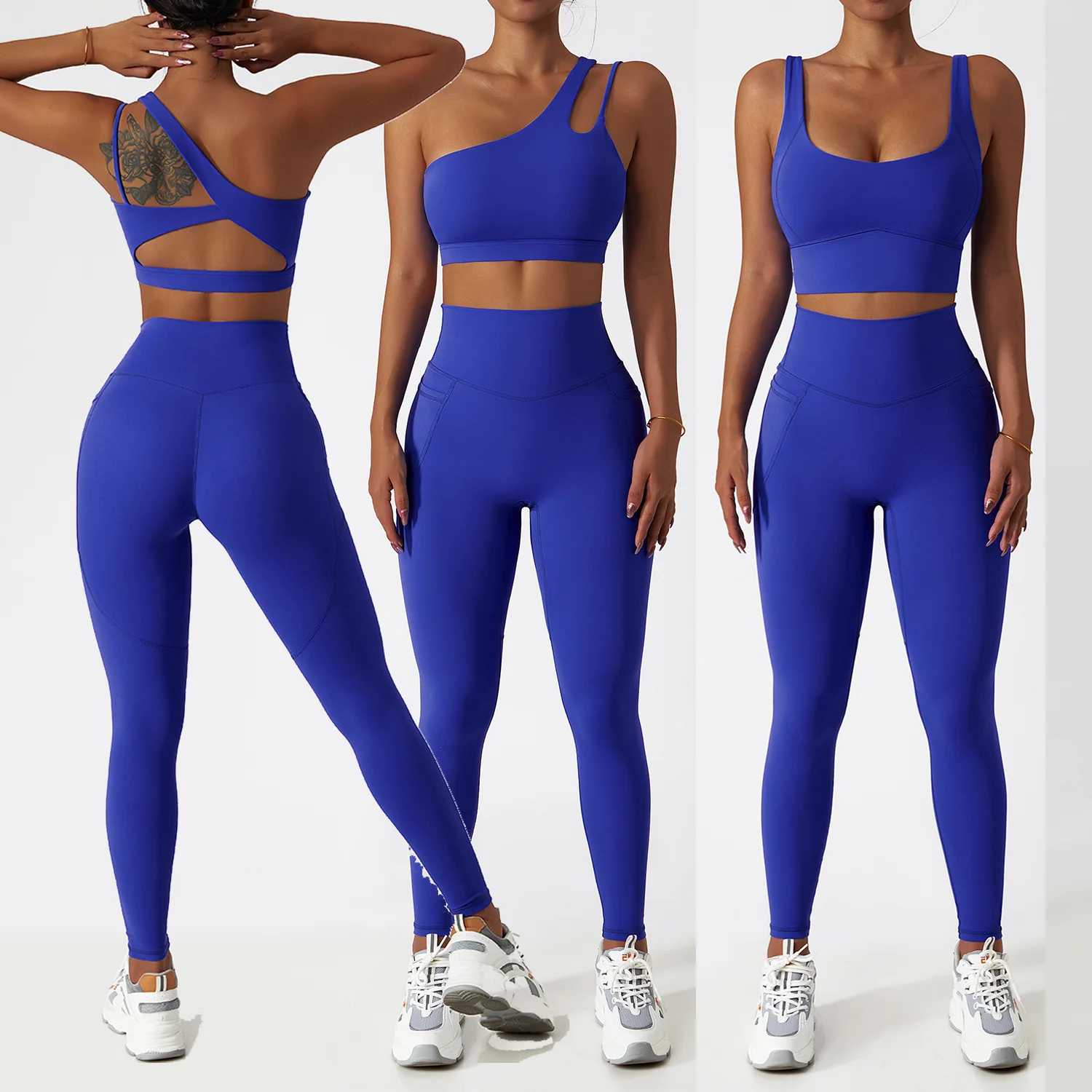 YIYI INS Hot S-XL Nude Fabrics Gym Fitness Sets Women Breathable High Waist Pants Workout Sets Pockets Leggings Sets For Women