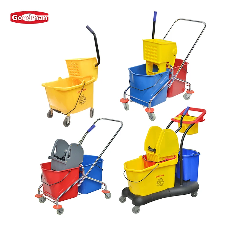 Airport Hospital Hotel Cleaning Mop Trolley 46L Plastic Double Bucket Mop Cart Wringer Trolley