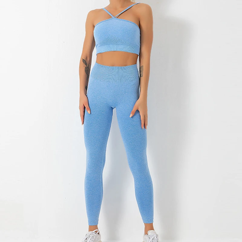 Summer New Style Seamless Women Yoga Set Halter Neck Sports Bra High Waist Butt Lift Legging Gym Sportswear Yoga Suit