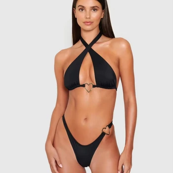 Heart-Ring Front Cross Bikini Swimsuit Tie Back Swimwear Two Pieces Bathing Suit