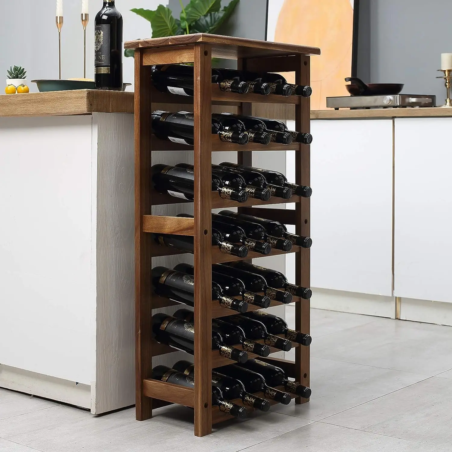 product modern 7 tier solid wood wine rack freestanding panel style storage for 28 bottles for kitchen and wine lovers-0