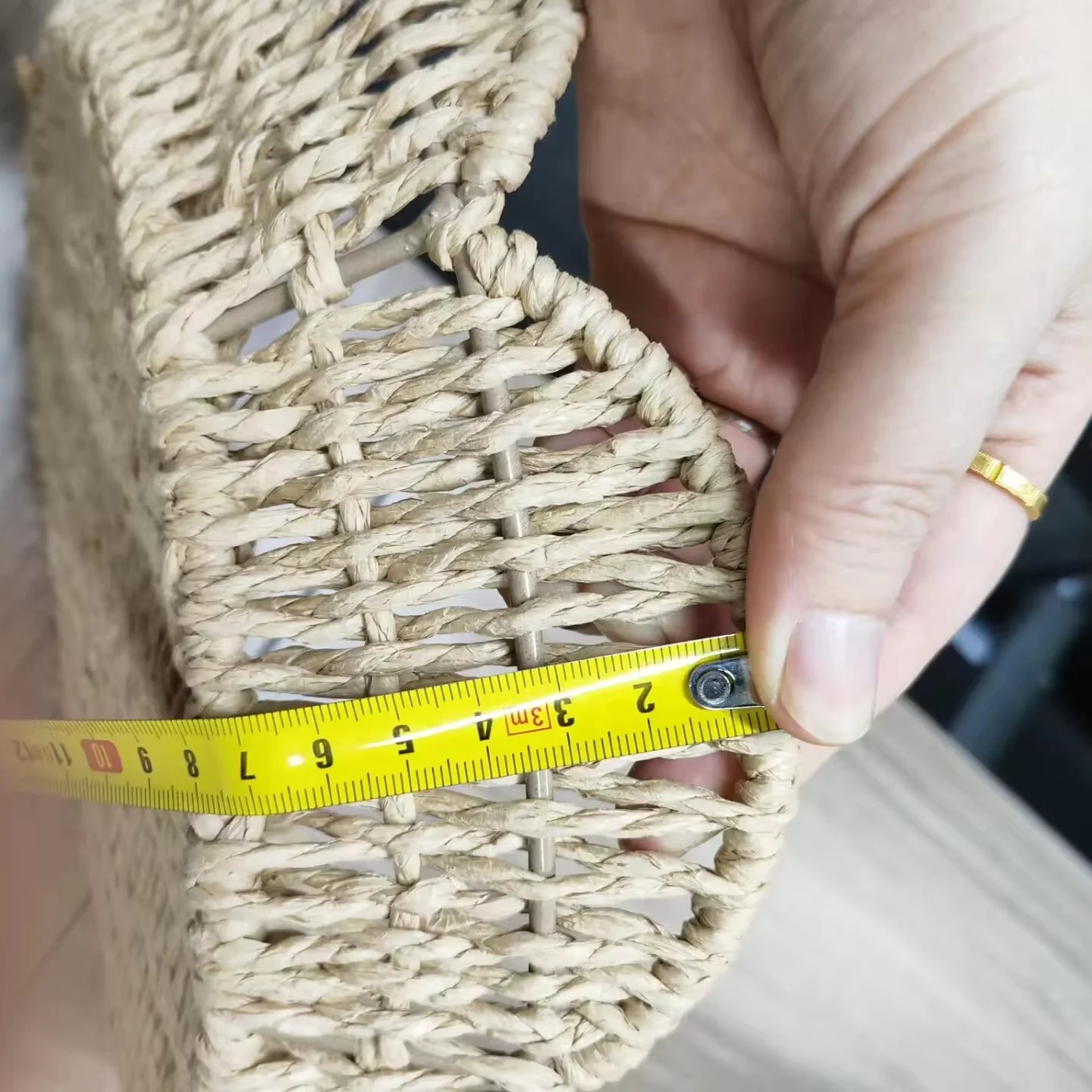 Hand woven small wicker basket, circular paper rope storage basket, with wooden handle