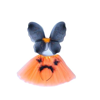 Kids Fairy orange Tutu black Wings Headband Set for Party