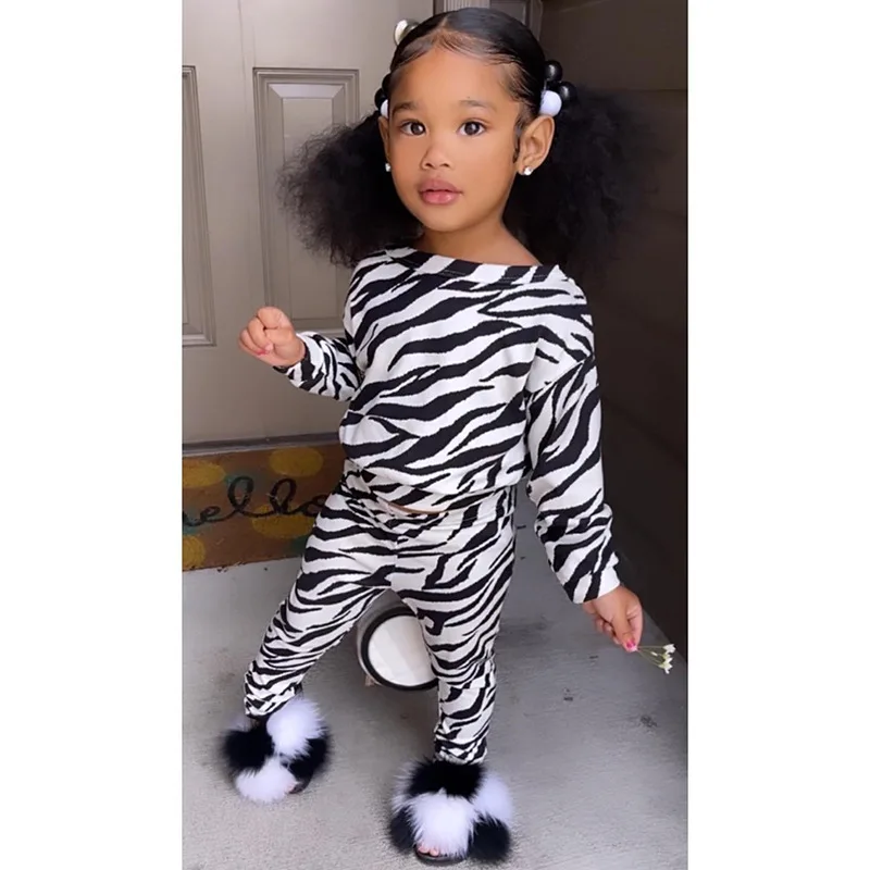 1-7Y autumn toddler kids baby girl casual boutique clothing set zebra printing little girl 2pcs outfits clothes