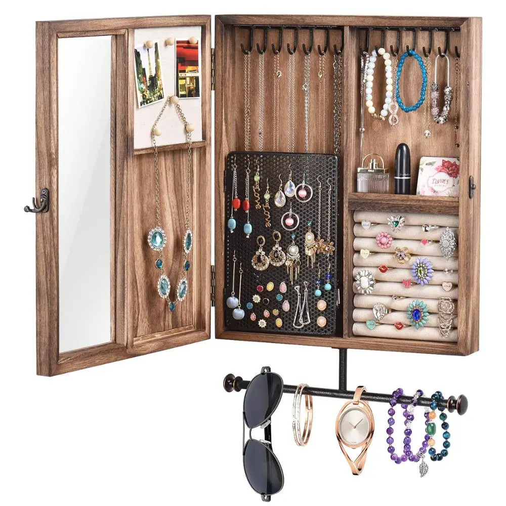Wall Mounted Jewelry Organizer With Rustic Wood Large Space Jewelry Cabinet Holder