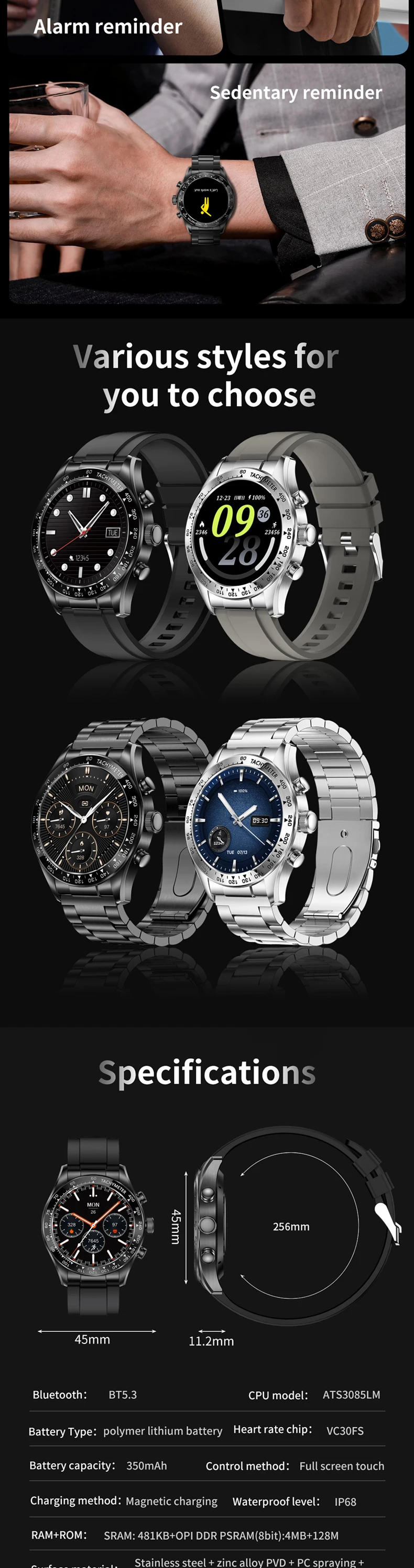 product km95 smart watch premium for men with heart rate blood oxygen monitor smartwatch stainless steel double straps 2025 new arrival-6