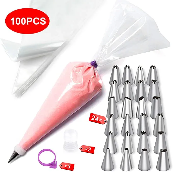 Pastry Bags with Decorating Tips-Disposable Cake stand Baking tools with Coupler and Bag Ties kids cooking and baking set