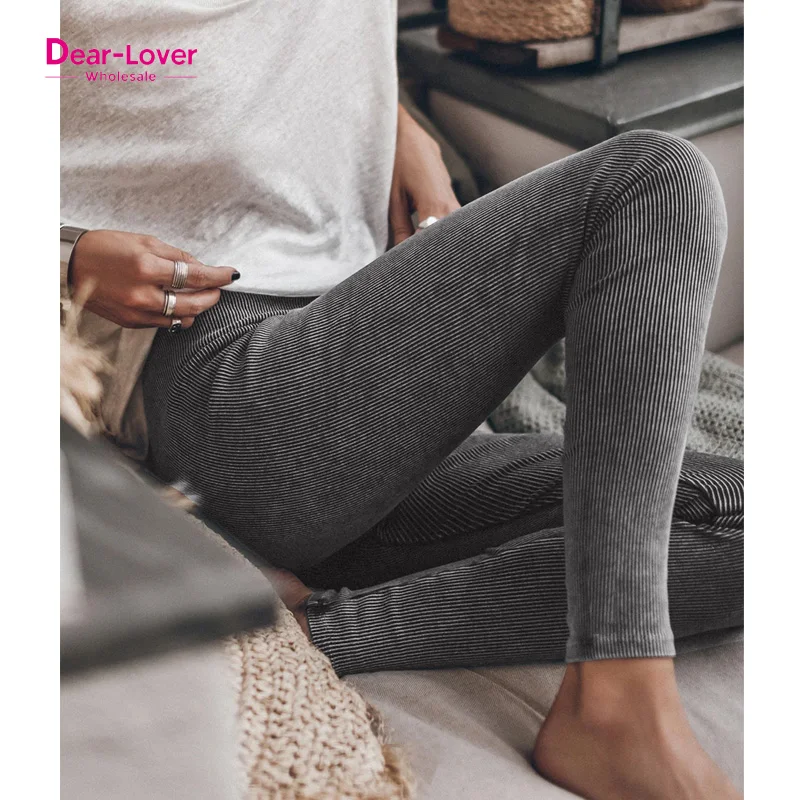 Dear-Lover Warm Dark Grey Vintage Wash Ribbed Leggings For Women