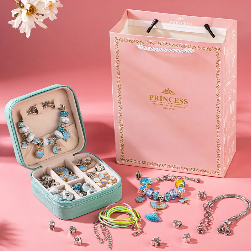 Sterling Silver Plated Enamel Charm Bracelet Beads Making Kits Kids DIY Creative Handmade Beads Set