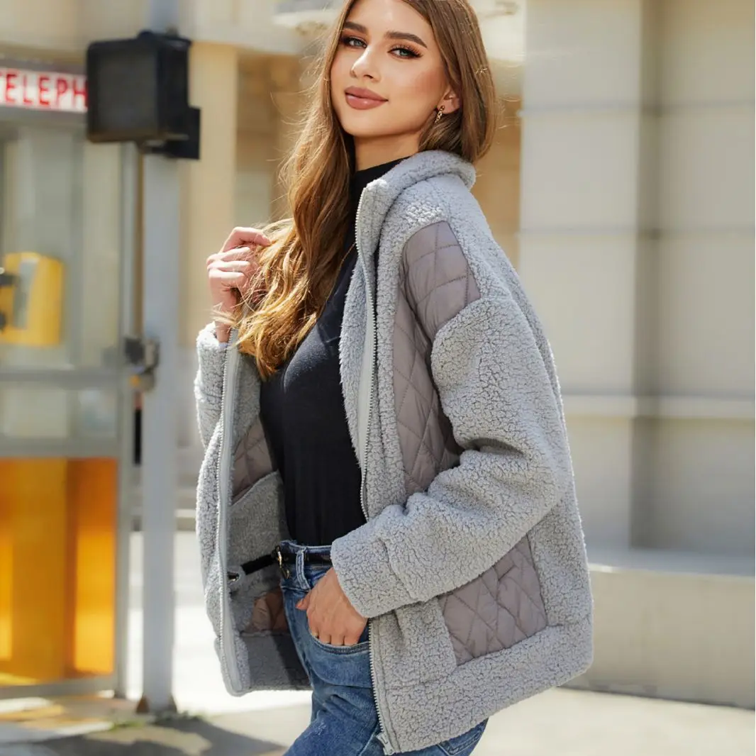 Wholesale 410gsm Fuzzy Fleece Jacket Plaid Pattern Women Clothes Long Coat Flap Pocket Thick Warm Full Zip Lapel Coat Outerwear