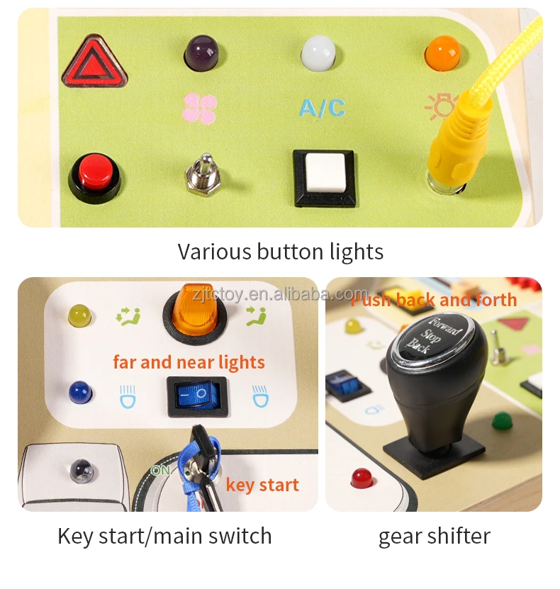 Tableau électronique multifonction occupé pour bébé, circuit de volant analogique sensoriel en bois, jouets montessori avec détails de lumière LED