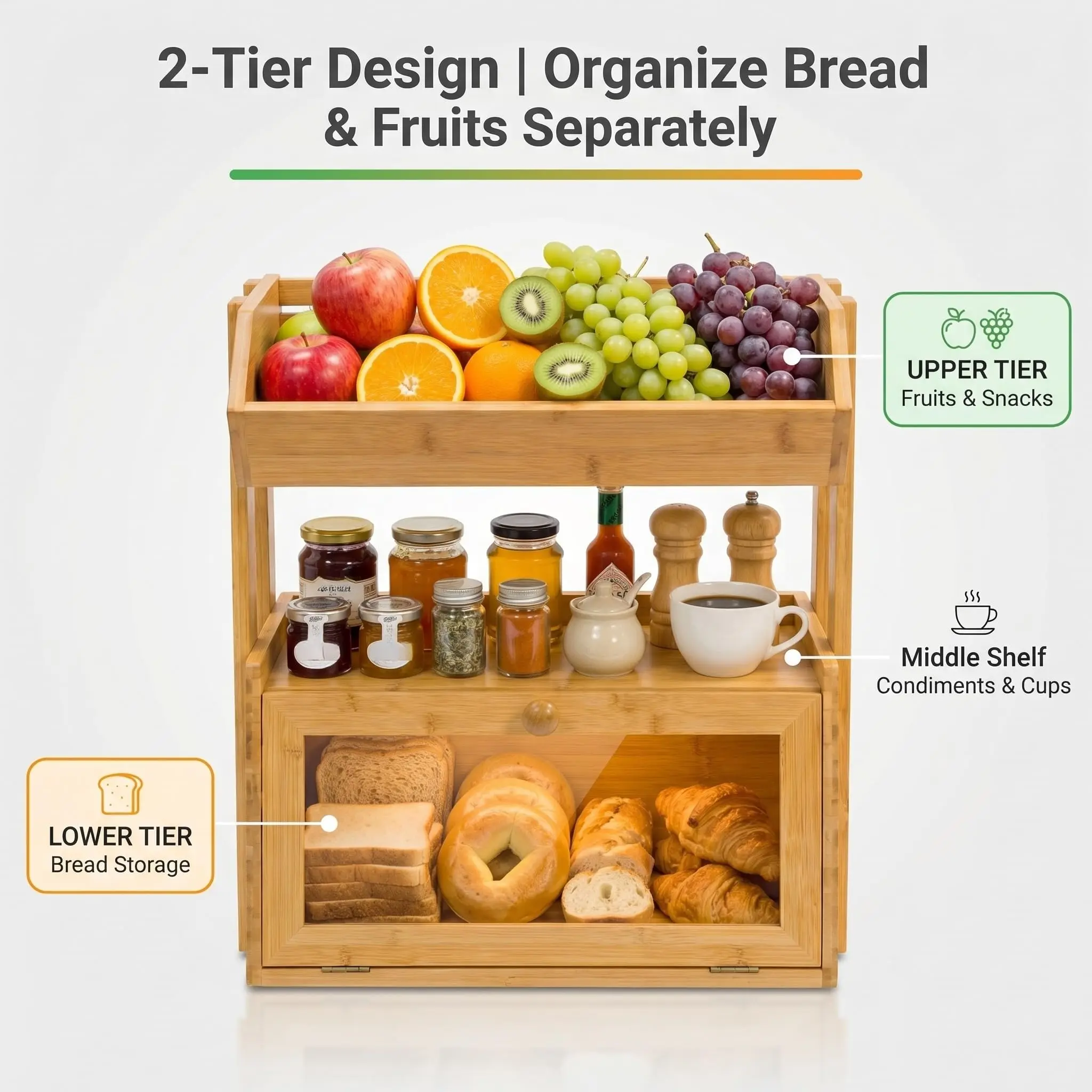 product multifunctional bamboo bread box with fruit basket 2 tier kitchen countertop organizer large capacity spice rack storage shelf-7