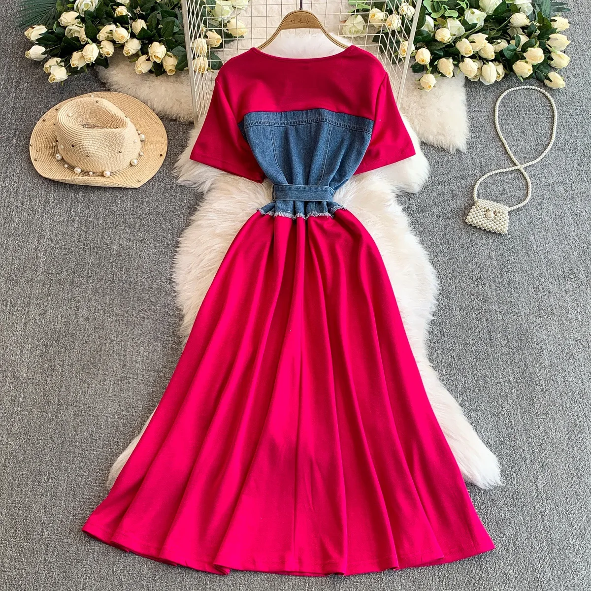 Denim Patchwork Knitted Short Sleeve Summer Anti-static High Waist Slimming Mid-length Skirt Dress for Women manufacture