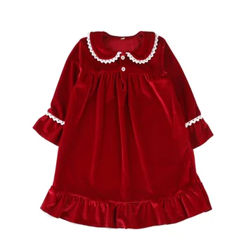 Wholesale boutique lace velvet pajamas Christmas nightgown girls long sleeve winter nightgown baby sleepwear