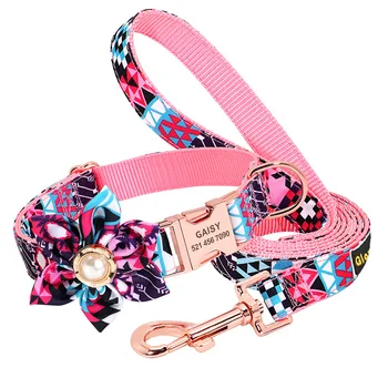 Amazon Hot Sale Custom ID Tag Cute Flower Printed Nylon Dog Collar Personalized Adjustable Pet Dog Collar Leash Set