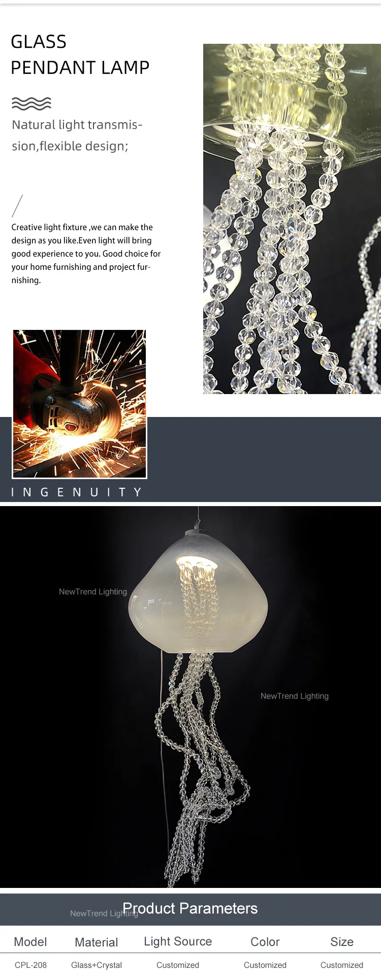 CPL-208 Unique Style Bespoke Fixtures Indoor Decoration Modern LED Glass Crystal Jellyfish Chandelier supplier