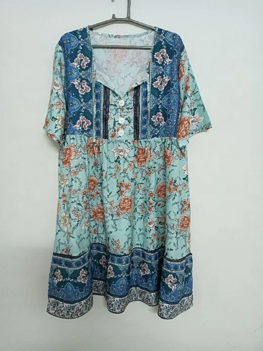 Customized Bohemia Style V Neck Button Floral Print Boho Dress Women Clothes Casual Dress