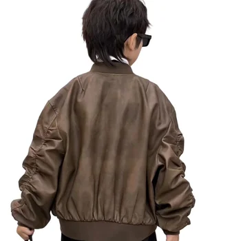 Newly Arrived Cow Leather Jacket for Kids Casual Hip Hop Style with Logo  Zipper Closure Polyester Lining for Boys