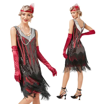 Women Plus Size 1920s Dress Sequins Fringed Evening Great Gatsby Costumes Flapper Dress