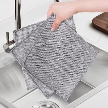 Dual-Sided Dishcloth with Non-Stick Oil & Abrasion-Resistant Steel Wire Silver Cleaning Cloth Rag Replaces Steel Wool Dish Towel