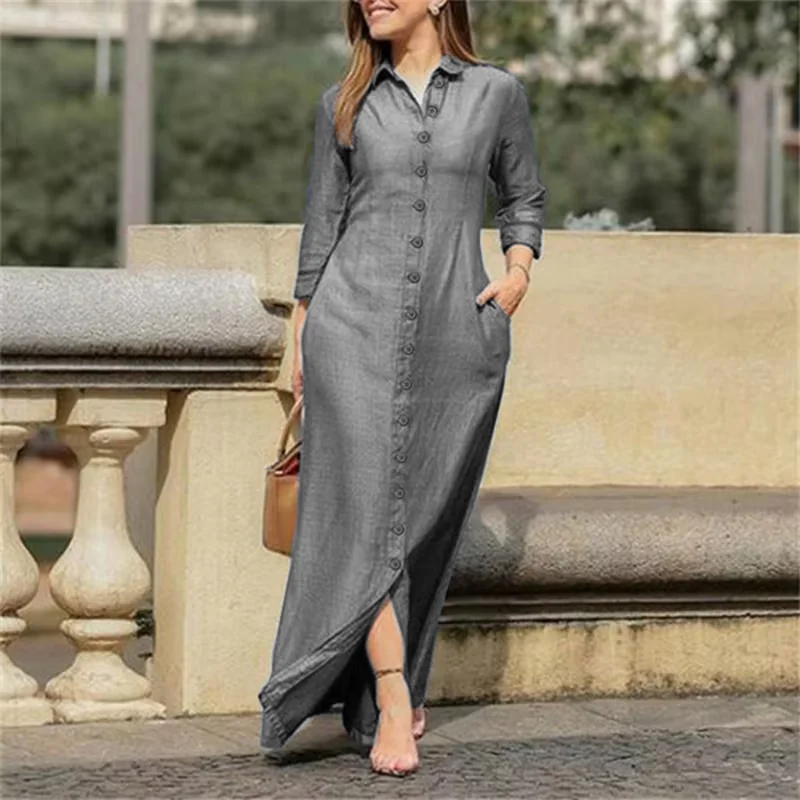 Woman Plus Size Autumn New Casual Long Denim Dress Women's Fashion Solid New Lapel Pocket Button Shirt Dresses manufacture