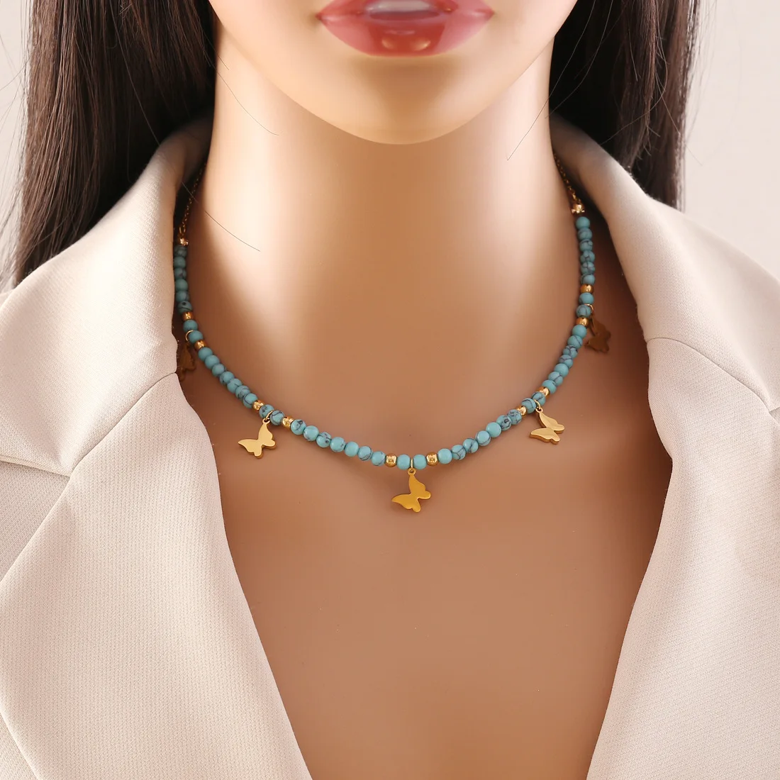 Hot sale gold plated stainless steel turquoise beads chain butterfly charm necklace non tarnish waterproof necklace