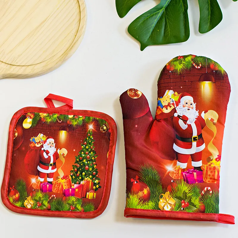 customized Christmas Cotton Flexible Heat Resistant Kitchen Baking Grill Cooking BBQ Oven Gloves Microwave Oven Gloves
