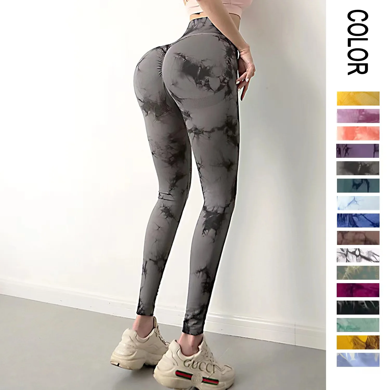 Tie Dye Sports Fitness Pants Women's High Waist Peach Hip Lift Seamless Jacquard Running Fitness Yoga Pants