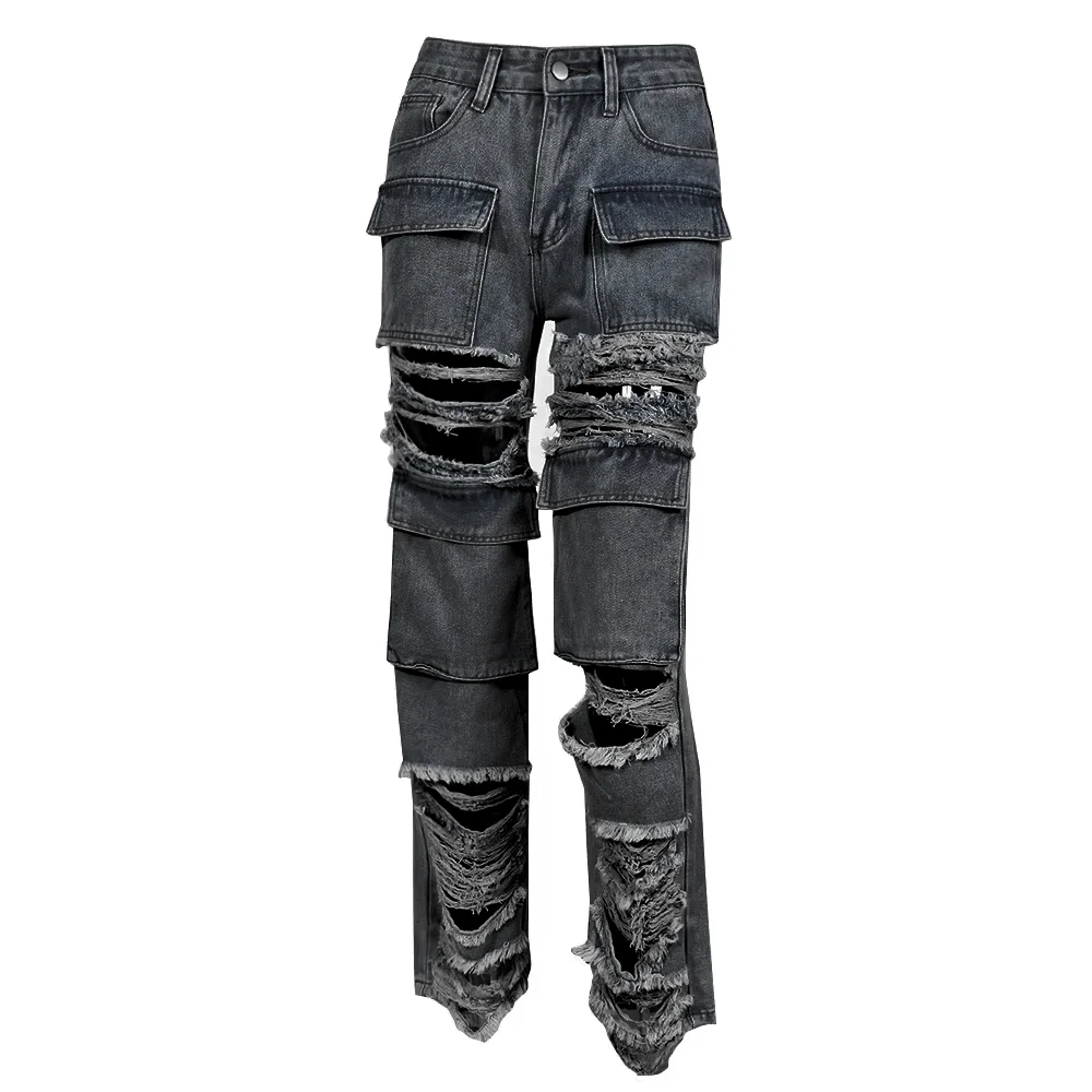 Fashion Pocket Stitching Hollowed-Out Hole Beggar Style Street Casual Straight High Waist Jeans manufacture