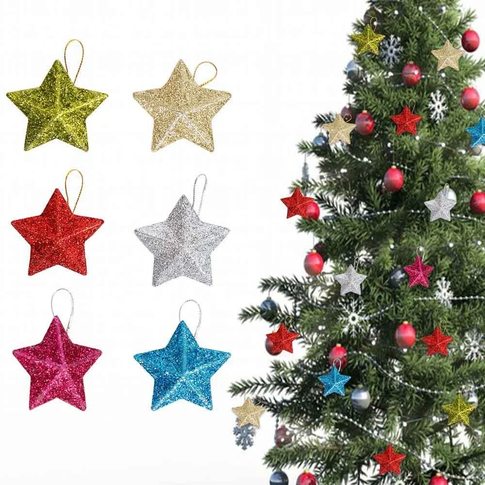 6 PCS glitter mini star pendant Christmas tree hanging ornament craft 5cm plastic for Xmas party home decoration accessories