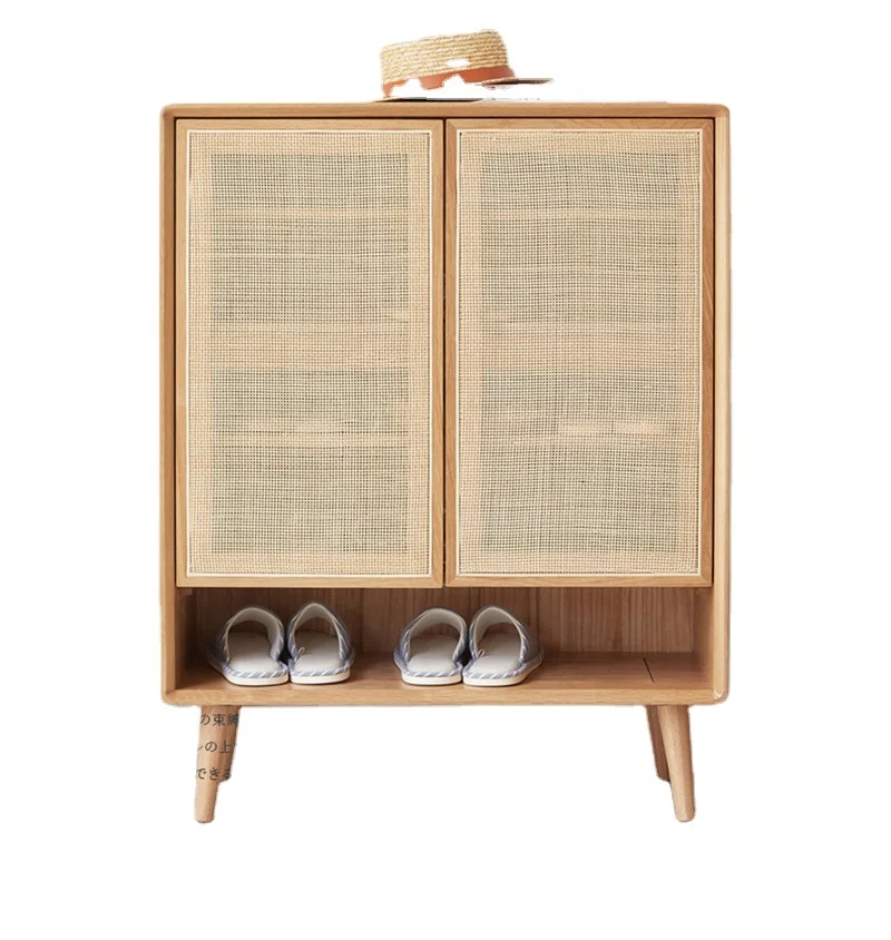 Nordic solid wood household shoe cabinet bedroom rattan multilayer storage cabinet Breathable living room wall porch cabinet