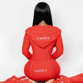 Bodysuit Jumpsuit Long Sleeve Pants Hooded Red Onesie Butt Flap Pajamas Knitted Onesie For Adults Women