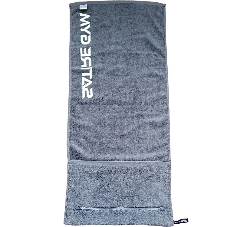 High absorbent sports workout towel custom logo cotton gym towel with zipper pocket