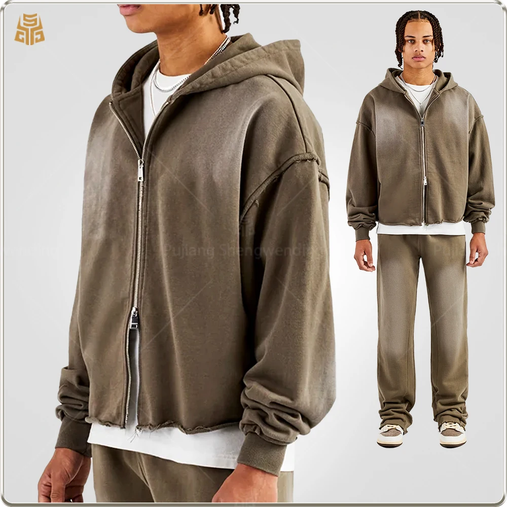 product custom acid washed 460 gsm cotton hoodie oversized boxy fit cropped full zip embossed streetwear distressed mens hoodie-4