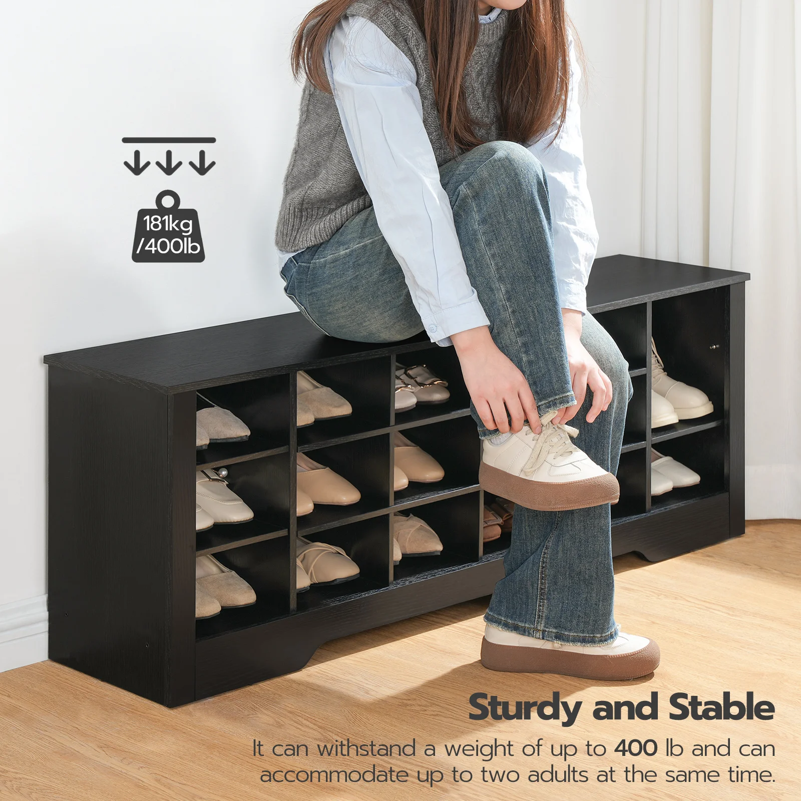 Wholesale Black Wooden Hallway Entryway Shoes Storage Bench Large Shoe Cabinet With 18 Cubbies Seat Shoe Organizer Bench Long