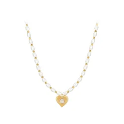 Latest 14K Gold Plated Stainless Steel Jewelry Pearl Beads Chain Heart Shape Pendant Trendy For Women Party Necklace P233409