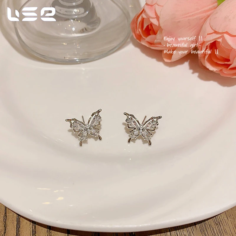 S925 sterling silver exquisite niche personalized copper pearl zircon butterfly earrings jewelry wholesale