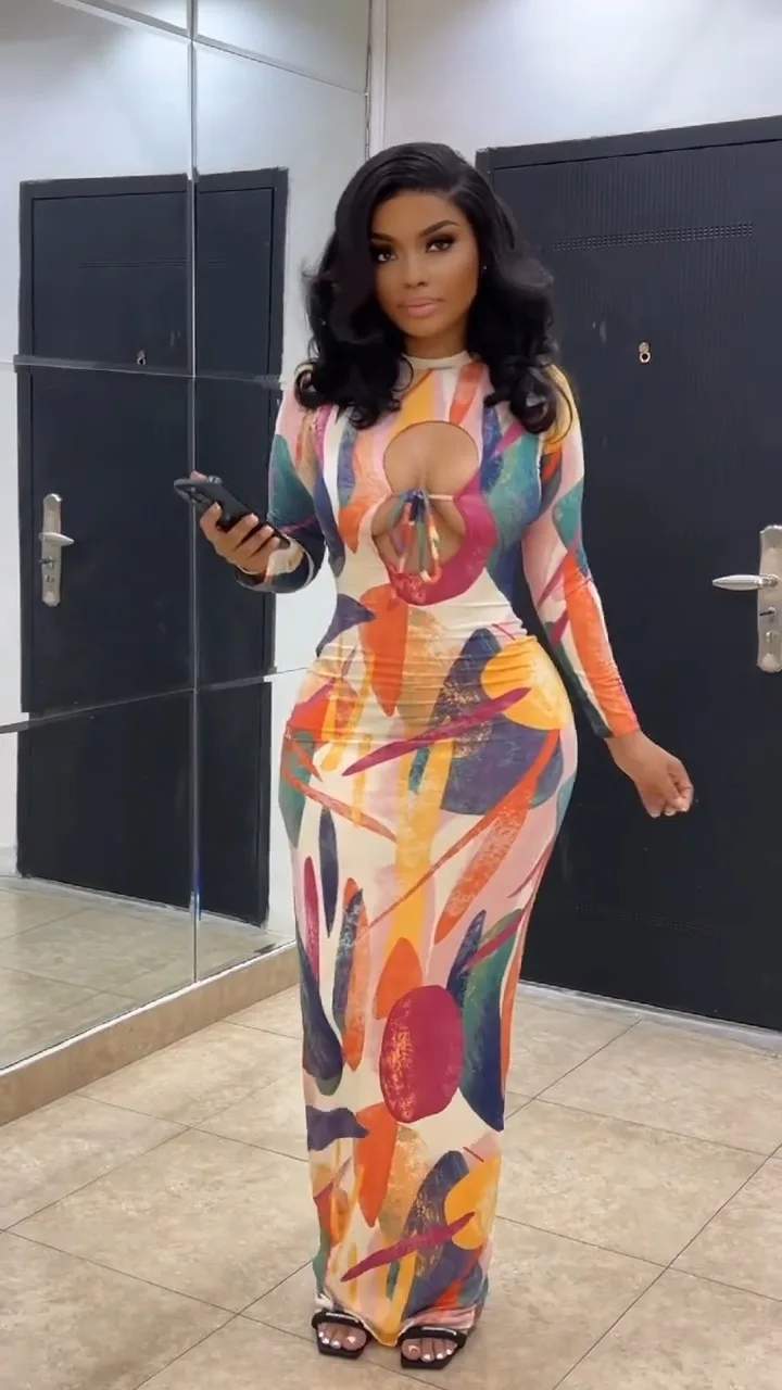 Vintage Empire Waist Summer European and American Style Printed Hollow Out Bodycon Stretch Slim Fit Long Sleeve Dress factory