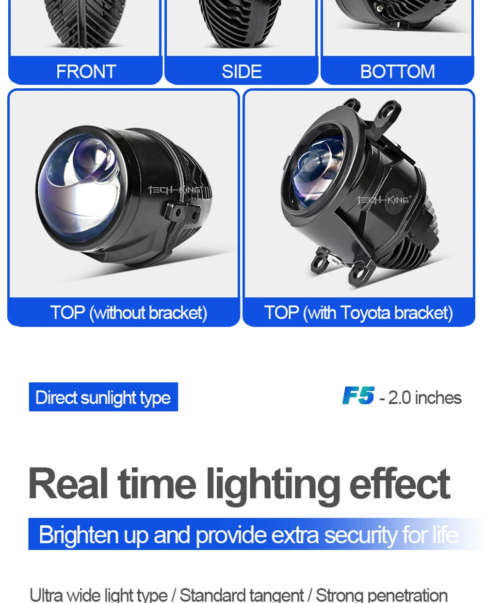 TECH-KING Automobile 2-inch 12V universal LED three-light matrix projector fog lamp for Toyota Nissan laser lens fog lamp