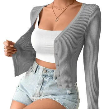 Custom Button Front Ribbed Knit Women's Cropped Cardigan Jacket Fall V Neck Crop Top Sexy Knit Sweater