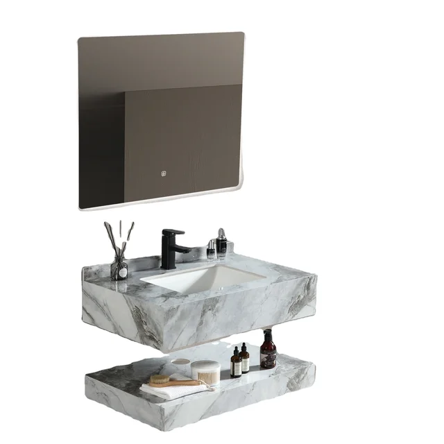 Light Luxury Wall Mounted Marble Sintered Stone Single Sink Bathroom Vanity Wash Basin Cabinet with mirror
