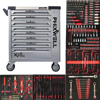 Metal workshop garage trolley Tool cabinet chest cart 8 drawers with tool set kit DIY tray stainless steel top