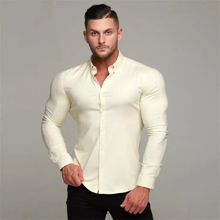 Wholesale Stocks 15 Colors High Elastic Long Sleeves Sports Shirts Men Front Buttons Leisure Slim Shirts Sports Shirt For Men
