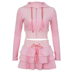 Pink Velvet Two Piece Set for Women Y2k Zip Up Long Sleeve Cropped Hoodie Kawaii Lace-up Ruffles Skirt