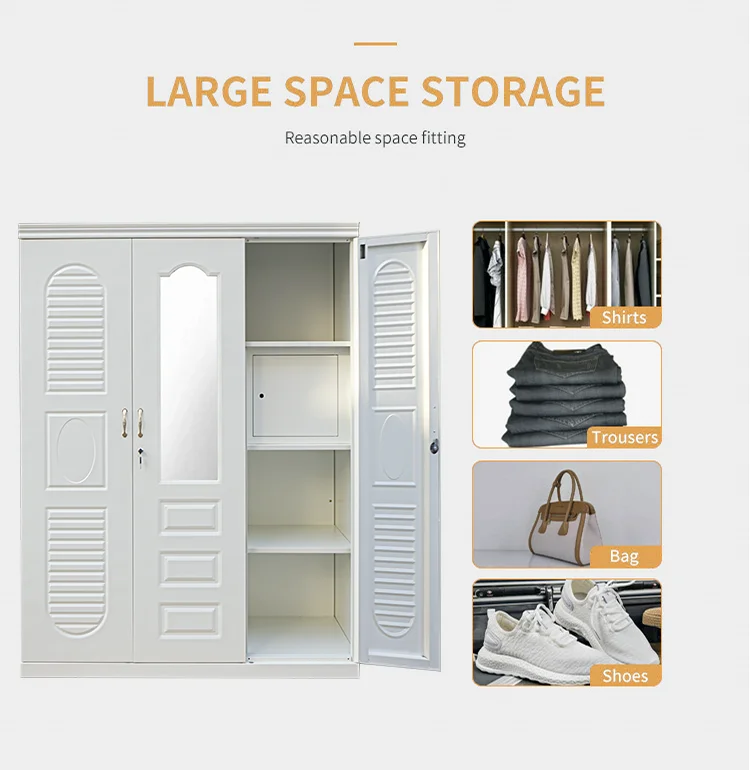 Factory Wholesale Modern 3-Door Metal Wardrobe Garde-robe Metallique Lemari Pakaian Besi Armadio for Kids Bedroom Home Furniture