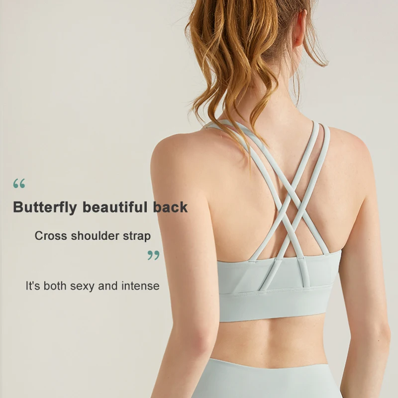Popular Butterfly Beautiful Back Cross Shoulder Strap Sexy Women Gym Wear Front Zipper Strappy Sports Bra Backless