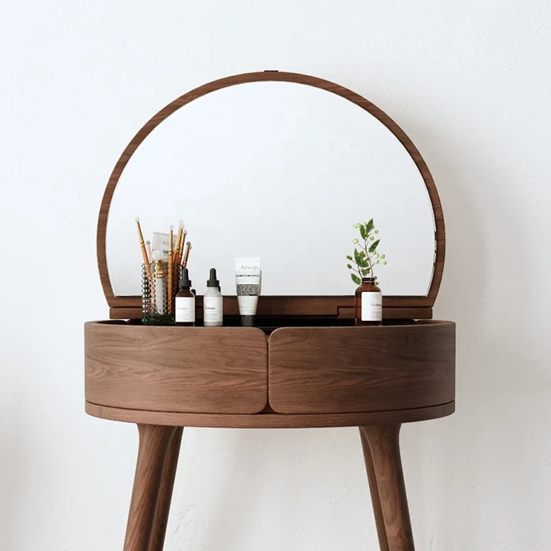 Jieshi Classic Bedroom Furniture Mini Walnut Wooden Round Dresser With Mirror